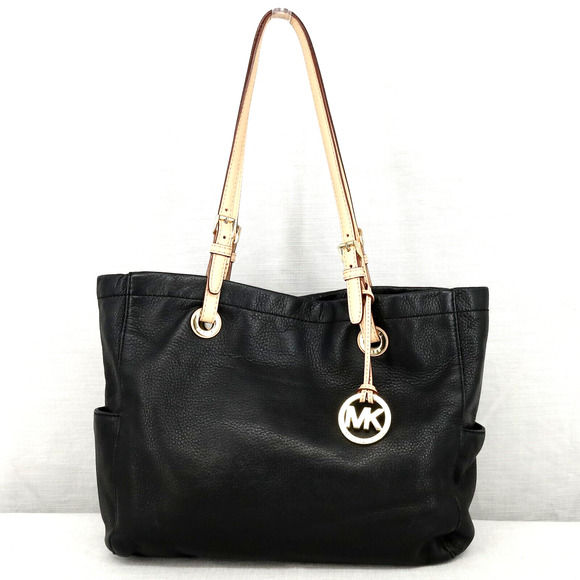 Michael Kors Bag Womens Black Pebbled Leather Tote Handbag Charm Double Handle - Picture 1 of 14